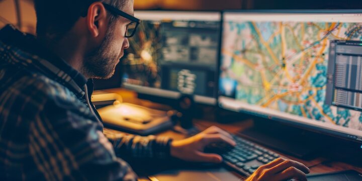 A logistics manager coordinating transportation routes and delivery schedules with a digital map and logistics software - Powered by Adobe