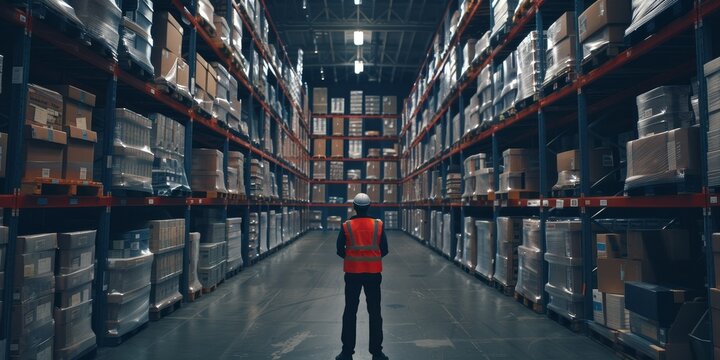 A logistics supervisor inspecting inventory levels and stock organization in a warehouse storage area - Powered by Adobe