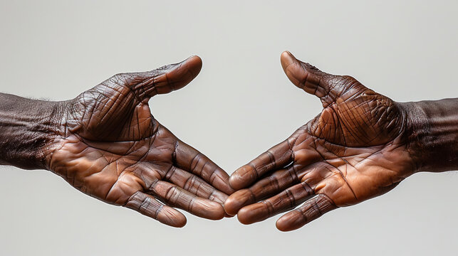 Two hands with dark skin tone are reaching out, about to touch each other