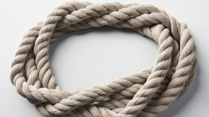 Obraz premium Close-up of natural fiber rope coiled into a loop on a plain white backdrop