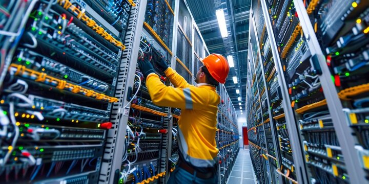 A team of IT technicians maintaining server racks and troubleshooting network issues in a data center