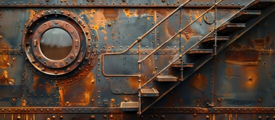 Rustic Metal Panel with a Circular Window and a Rusty Staircase