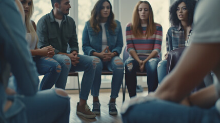 Participants in a circle sharing experiences with a compassionate therapist guiding them, showcasing support and unity, bottom third copy space