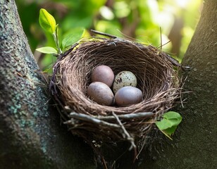 Fototapeta premium Vogelnest mit Eiern, im Baum