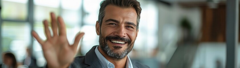 Fototapeta premium A businessman in cheerfulness, joyfully highfiving a colleague in a sleek office with a blank background
