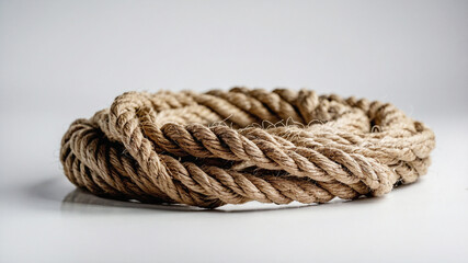 Thick coiled natural fiber rope with intricate textures against a plain backdrop

