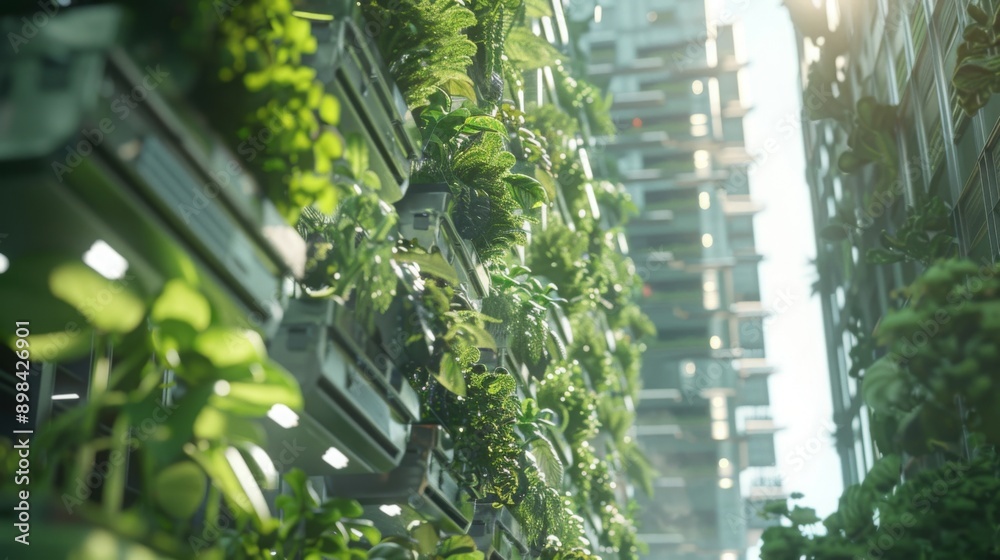 Poster a vibrant vertical garden grows on a modern building, with a second building visible in the backgrou