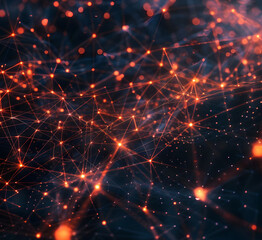 Obraz premium A close-up view of a complex network data visualization showing interconnected nodes and lines glowing in red against a dark background, representing digital connectivity and data flow.