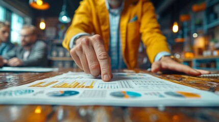 Fototapeta premium Businessman analyzing financial data and pointing at graph on paper with coworkers discussing in background