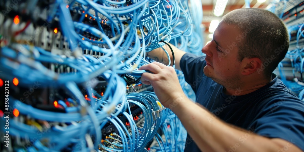 Poster a data center technician performing maintenance on data transfer routers, ensuring uninterrupted net