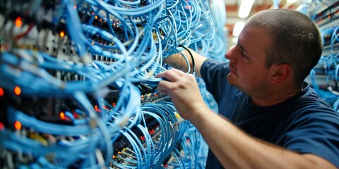A data center technician performing maintenance on data transfer routers, ensuring uninterrupted network connectivity