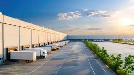 Obraz premium An aerial view of a modern industrial park complex with multiple large warehouse buildings and a large parking lot in the center. The complex is surrounded by green grass and trees