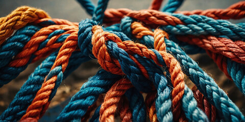 Close-up of colorful intertwined ropes with intricate textures and vibrant colors

