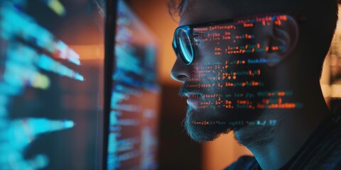 A developer overlaid with coding symbols, showcasing software development and programming skills