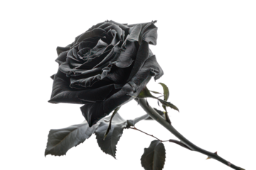 A single black rose, a mysterious beauty that conveys secrets and desires, isolated on a white background.