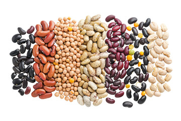 Different types of beans such as kidney beans, black beans, pinto beans, and chickpeas, isolated on white background.