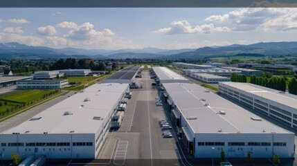 An aerial view of a modern industrial park complex with multiple large warehouse buildings and a large parking lot in the center. The complex is surrounded by green grass and trees