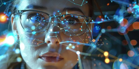 A female scientist overlaid with scientific data visuals, representing research and technology advancement