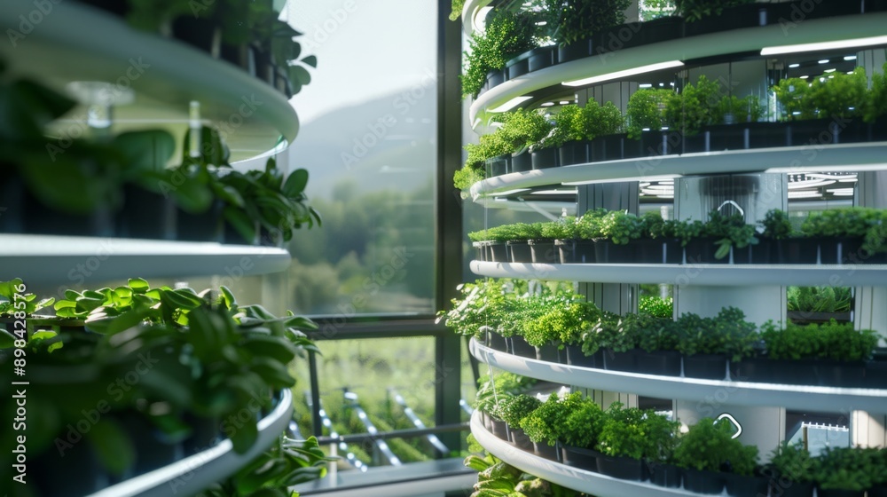 Poster A vertical farm with rows of plants growing in a circular pattern. The farm is located in a modern building with large windows, providing natural light for the plants.