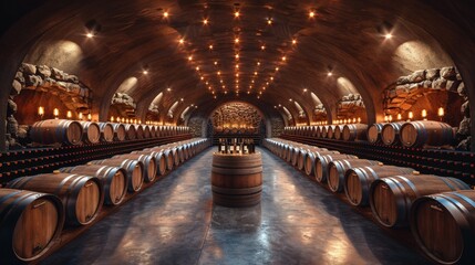 Wine cellar showing the aging process with many wooden barrels, bottles and warm lighting