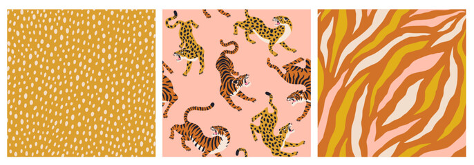 Contemporary tigers, leopards and polka dot shapes seamless pattern set. Mid Century Modern Art design for paper, cover, fabric, interior decor and other users. © Angelina Bambina