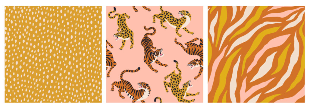 Contemporary tigers, leopards and polka dot shapes seamless pattern set. Mid Century Modern Art design for paper, cover, fabric, interior decor and other users.