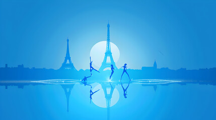 Artistic Swimming: A minimalistic illustration of a synchronized swimming team performing with the Eiffel Tower in the background on a blue background.


