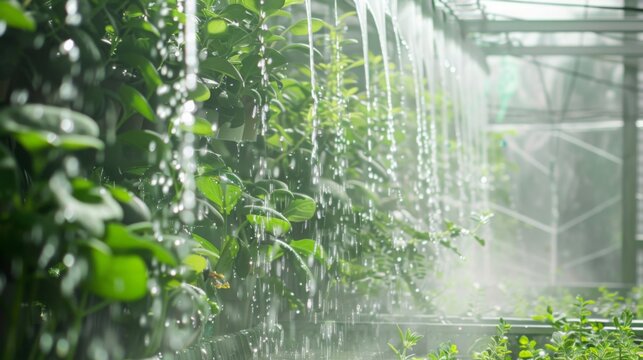 Water droplets fall from a sprinkler system onto plants inside a greenhouse, creating a misty atmosphere.