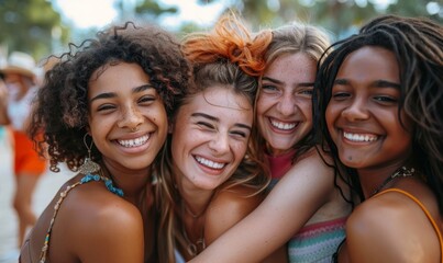 Fototapeta premium Multi ethnic group of young women hugging outside - Happy girlsfriends having fun laughing out loud on city street - Female community concept with cheerful girls standing together