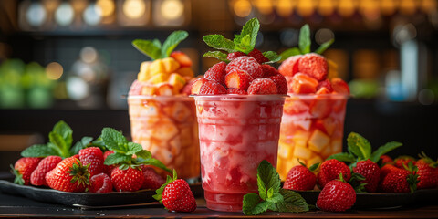 Fresh fruit cups with strawberries and mango delight in vibrant display. Concept of healthy eating, summer refreshment, and dessert indulgence.