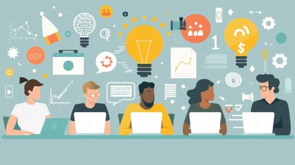 Team of Four Brainstorming New Ideas Together