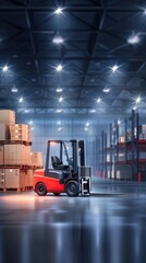 Fototapeta premium A red forklift is parked near three wooden pallets in a warehouse. The forklift has a black mast and a black seat. The warehouse walls are made of wood