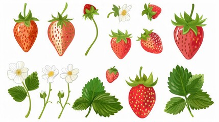 Watercolor vector drawing of strawberry fruit plant leaf over white background