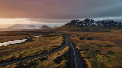 panoramic view of beautiful natural landscape, road and mountains at sunset. generative ai