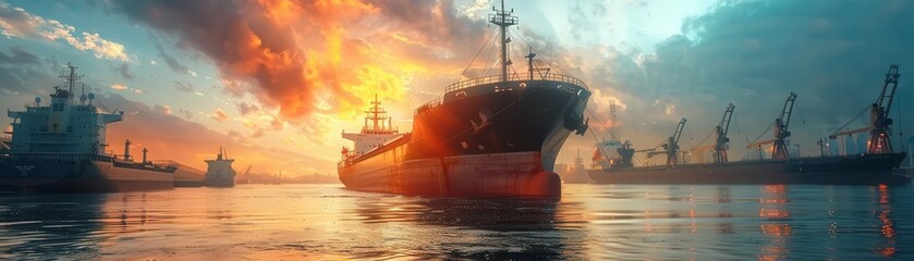 A large cargo ship sails through a dramatic sunset with other ships in the background.