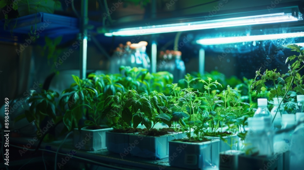 Poster a close-up of green plants growing in a hydroponic setup under artificial light.