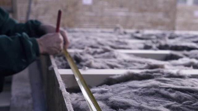 Woodworker uses meter tape to measure beam distance during wood house wall installation close-up.
