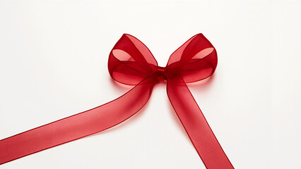 A single, perfectly tied red satin ribbon bow rests on a plain white background. 