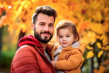 Fototapeta premium Young single father enjoying day at the park with her little girl with autumn colors as background