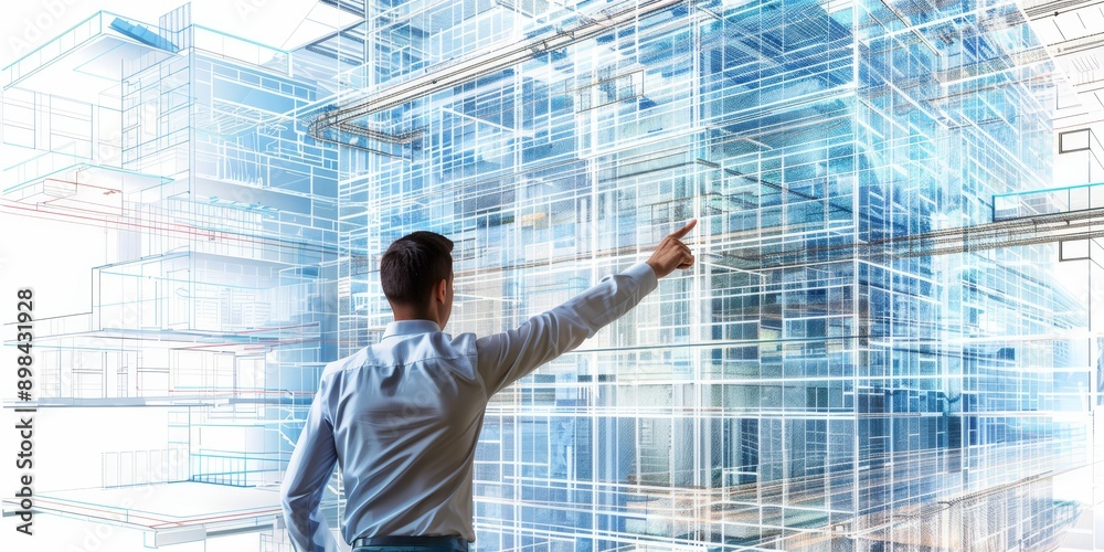 Aufkleber An architect working on architectural plans overlaid with BIM software interface, illustrating building design technology