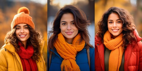 Outdoors autumn casual portraits of three young beautiful Latinas in her 30s wearing winter clothes