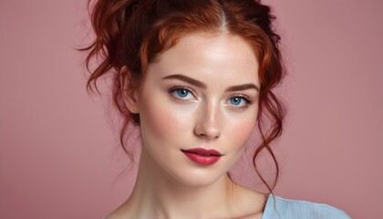 Close-up portrait of a gorgeous red-haired lady with blue eyes and freckles. Cheerful and elegant expression on a pink backdrop.