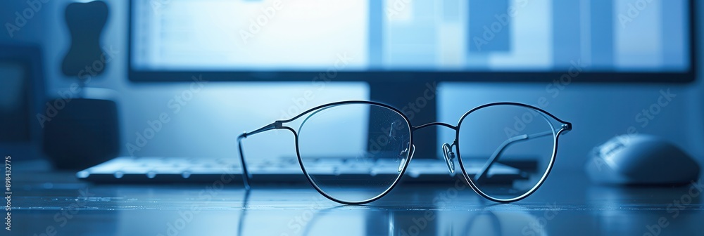 Aufkleber a pair of glasses rests on a desk in front of a computer monitor and a computer mouse. the desk and 