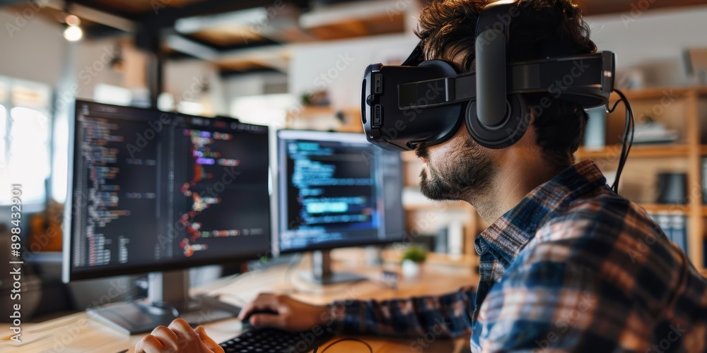 Poster A developer coding on a virtual reality headset, symbolizing VR development and immersive technology