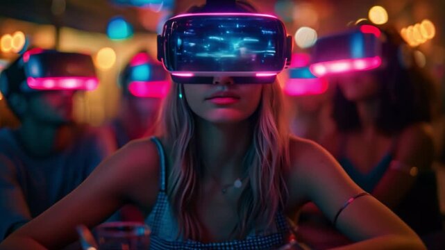 A group of friends wear VR headsets and participate in an escape room game at a bar with neon lights.