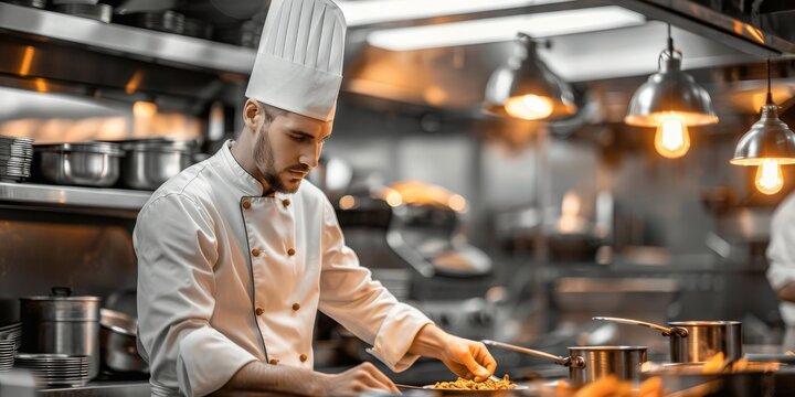 A chef cooking in a restaurant kitchen, symbolizing culinary development and gastronomic innovation