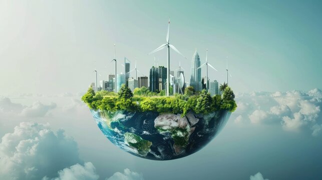 Alternative clean energy. Transition to environmentally friendly world concept. Ecology infographic. Green power production. Transition to renewable alternative energy. wide angle lens