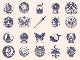 Set of mystical symbols, moon phases, crystals, witchy hands, crystal balls, wolf, mushroom, poison, celestial tattoo silhouette