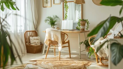Elegant feminine workspace. Rustic Scandinavian living room interior. Work from home concept
