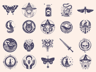 Set of mystical symbols, moon phases, crystals, witchy hands, crystal balls, wolf, mushroom, poison, celestial tattoo silhouette